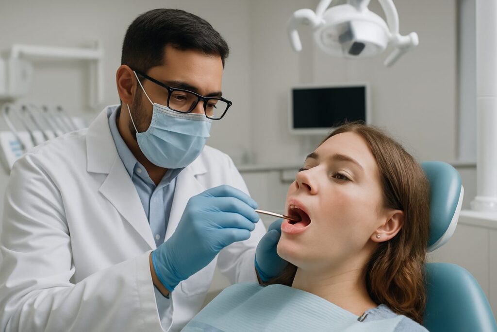 Image of a periodontist in Baltimore, MD, carefully examining a patient's gums with a dental instrument. The background should feature modern dental equipment and a clean, professional setting. No text on the image.
