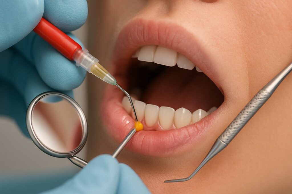 Close up shot of a dental professional placing a localized antimicrobial agent into a patient's gum pocket, with dental tools and a focus on the treatment area. No text on image.