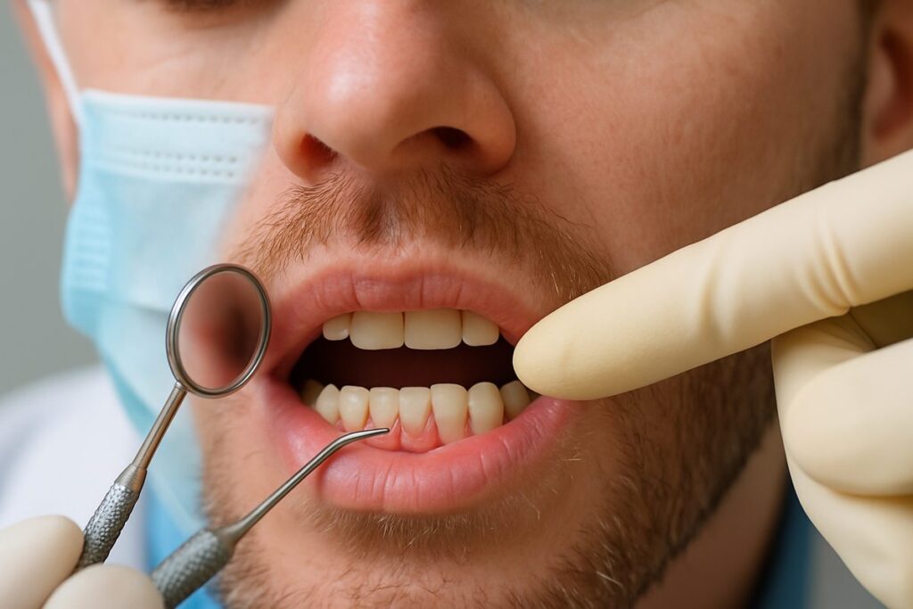 Close up shot of a dentist pointing to receding gums on a patient during an oral exam, with a focus on the gum line and dental instruments. No text on the image.